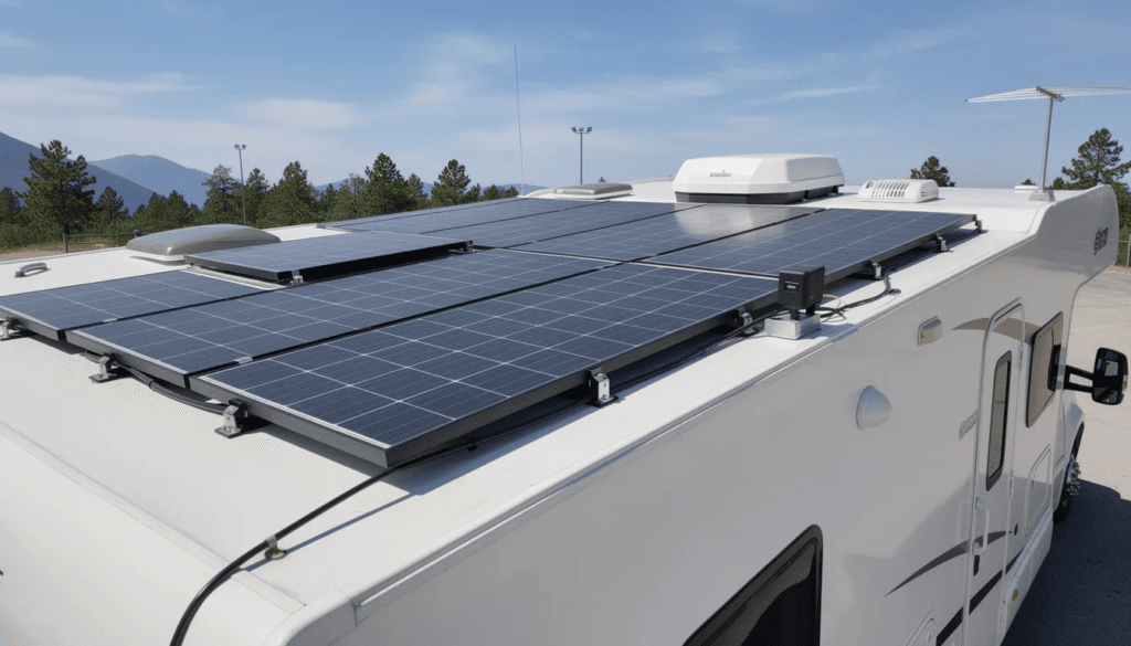 Image The image shows solar panels installed on the roof of a recreational vehicle RV designed to provide sustainable energy for various functions This setup allows RV owners to enjoy the freedom of traveling while minimizing reliance on traditional power sources