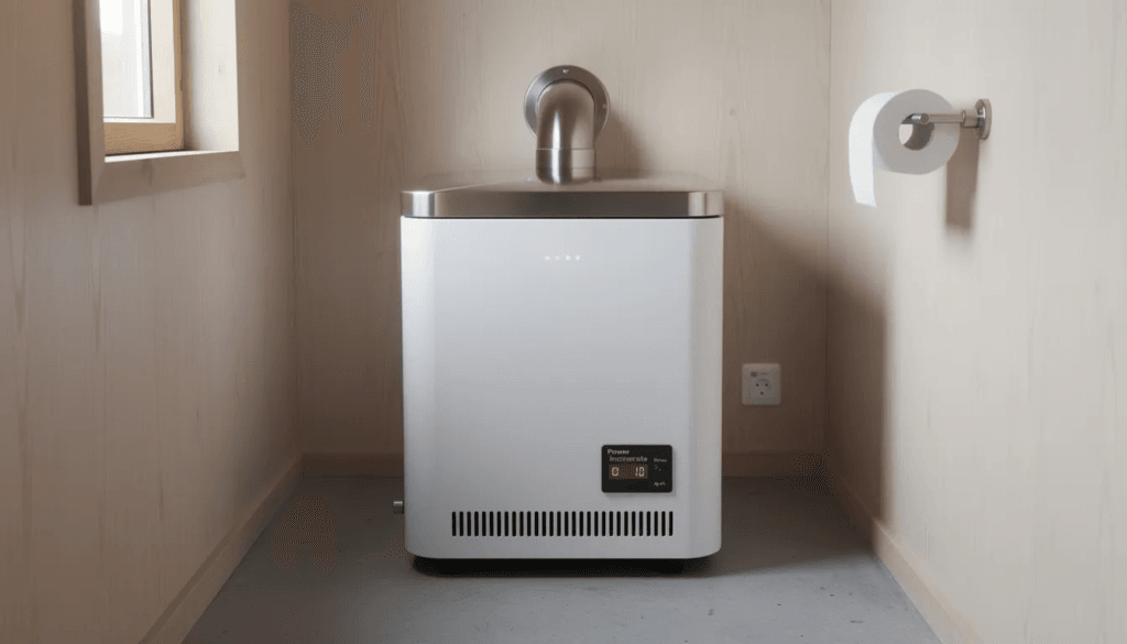 Image The image features a modern incinerator toilet designed for RV owners showcasing its sleek design and components such as the bowl lid and exhaust pipe This eco friendly toilet solution effectively manages human waste by incinerating it into sterile ash eliminating the need for traditional waste tanks and providing a hygienic option for travel trailers