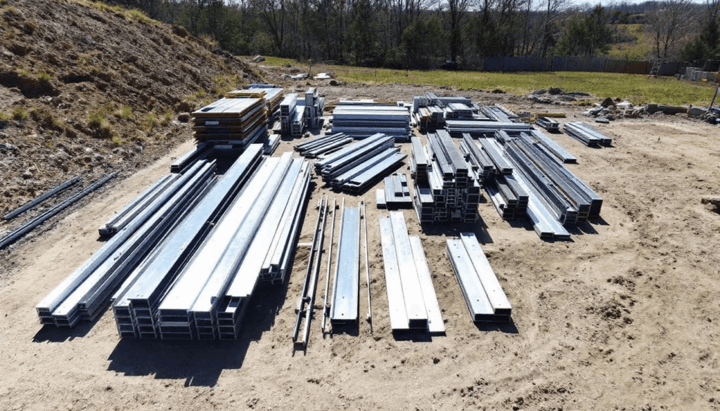 The image depicts organized components of a steel building house kit on a Kentucky construction site showcasing various quality materials such as walls windows and doors all ready for assembly This setup highlights the efficient design and many options available for homeowners looking to create their dream cabin or log home