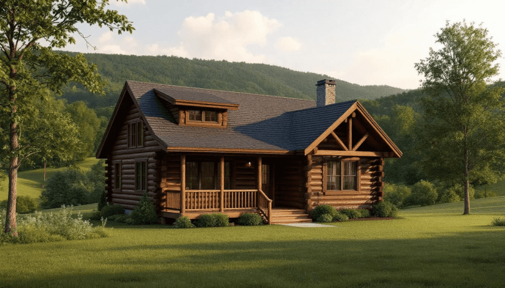 A completed log cabin kit home is beautifully situated in the rolling hills of Kentucky showcasing its timber frame construction and quality materials The exterior features large windows and a welcoming porch embodying the dream of a cozy retreat in nature