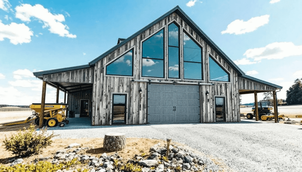 The image depicts a barndominium kit exterior showcasing a modern agricultural style that is popular in Kentucky featuring a combination of timber frame and steel elements The structure is designed with improved energy efficiency in mind highlighting quality materials and large windows that allow natural light to enhance the interior space
