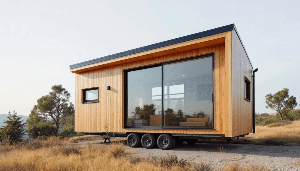 A modern tiny house exterior showcases large windows and natural wood siding blending seamlessly with its surroundings This tiny home model emphasizes high quality materials and a stylish design perfect for families seeking a customized living space