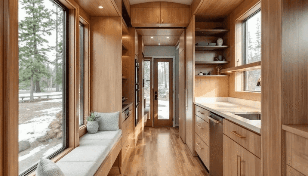 The interior of a luxury tiny house features custom built in furniture crafted from high quality materials with large windows that allow natural light to fill the living space This tiny home showcases a stylish and completely customizable design perfect for families seeking an affordable and sustainable lifestyle