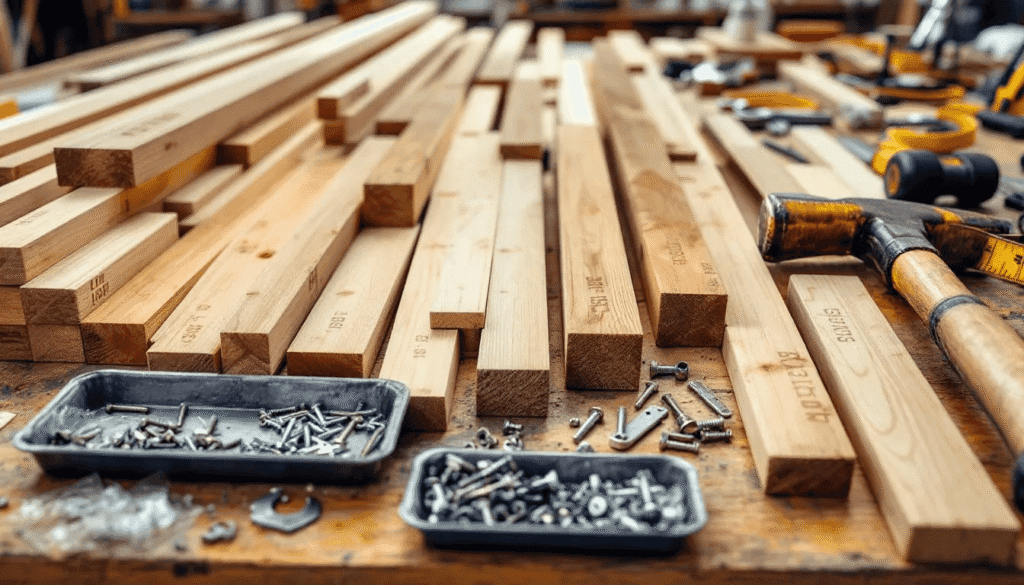 The image shows a variety of DIY tiny house kit components including pre cut lumber and hardware all neatly laid out highlighting high quality materials that can be used for custom builds This setup represents the initial stage of creating a tiny home offering several options for those looking to invest in their own living space