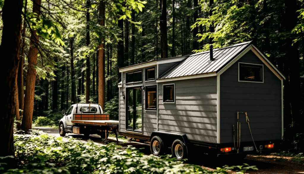 A tiny house is being delivered on a truck to a forested location showcasing the process of bringing a custom build to nature This tiny home model reflects the trend of affordable living spaces designed for families seeking a simpler lifestyle