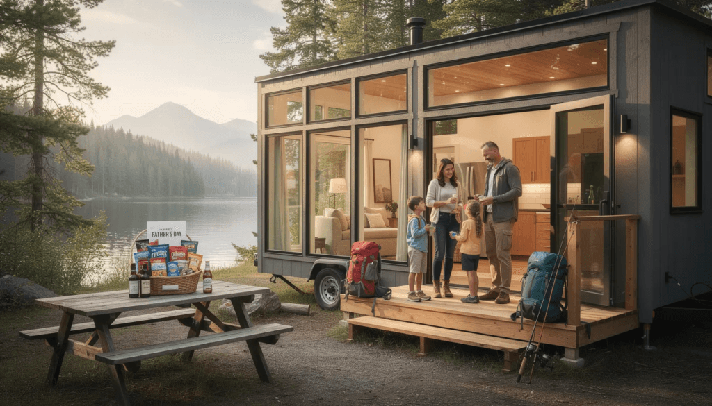 The image depicts a cozy tiny home nestled in a scenic natural setting ideal for a Father's Day celebration. A personalized gift basket filled with snacks and a heartfelt Father's Day card sits on a small table, inviting Dad to enjoy a weekend getaway surrounded by natural light and outdoor activities like hiking or fishing.