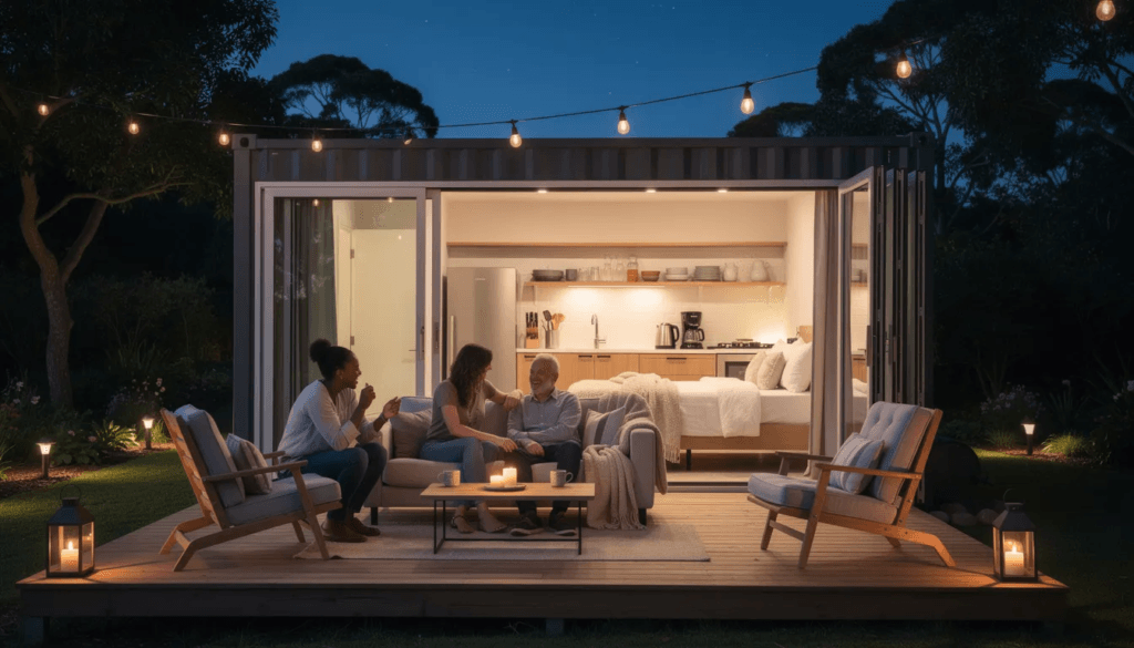 The image depicts a cozy tiny home serving as a guest house designed for celebrating Father's Day with family and friends. It features a welcoming kitchenette, comfortable furnishings, and an inviting outdoor seating area perfect for evening gatherings under the stars, honoring fathers and strengthening family bonds.