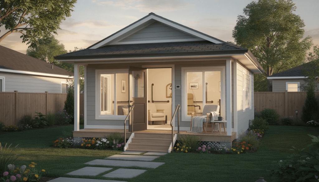 The image depicts a cozy granny pod a type of accessory dwelling unit designed for elderly family members situated in a backyard next to a single family home This prefab granny flat features safety features like grab bars and wider doorways providing a comfortable living space while allowing loved ones to maintain their independence