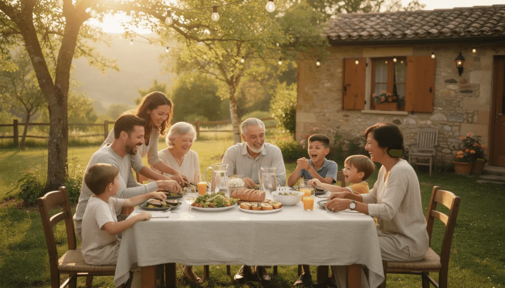 A multi generational family is enjoying a meal outdoors near a charming cottage highlighting the benefits of shared living spaces like accessory dwelling units or granny pods This scene captures family members including elderly parents and adult children coming together to create lasting memories in their own backyard fostering connection and support within the same property