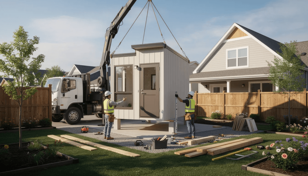 Construction workers are setting up a small modular building unit often referred to as a granny pod or accessory dwelling unit in a residential backyard This prefab granny flat is designed to provide elderly family members with their own space while remaining close to the main house adhering to local zoning laws and regulations