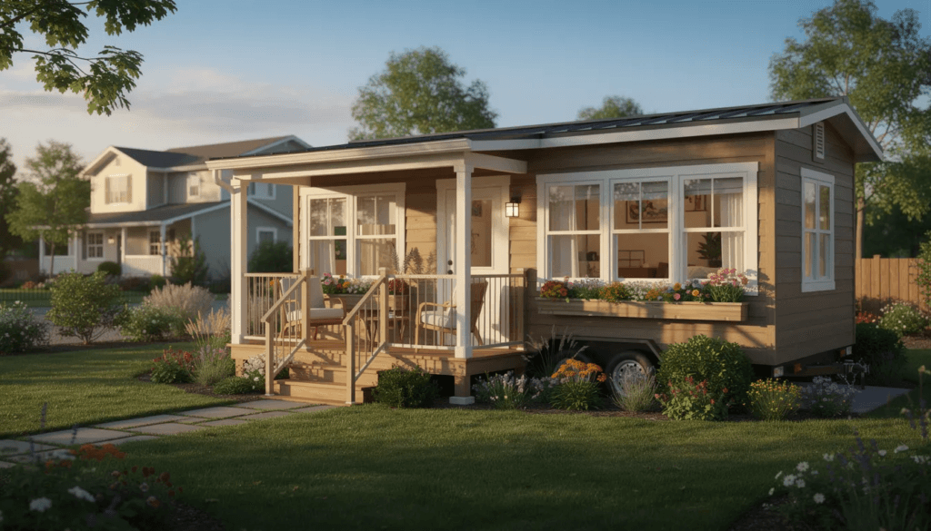 The image features a modern granny pod an accessory dwelling unit designed for elderly family members showcasing its cozy living space complete with safety features like grab bars and air conditioning This prefab granny pod is situated in a backyard highlighting its potential as a cost effective solution for aging parents seeking their own space while staying close to family