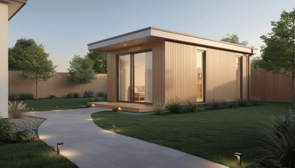 The image features a small modern prefab cottage often referred to as a granny pod or accessory dwelling unit situated in a residential backyard with a clear pathway leading to the main house This cozy living space is designed to provide elderly family members with their own space while allowing them to remain close to loved ones