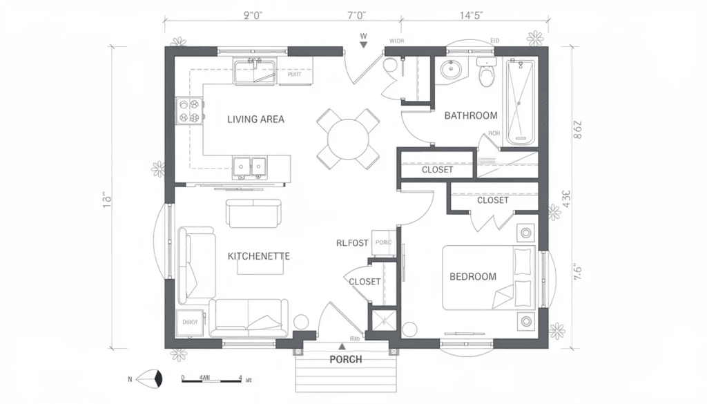 The image depicts a detailed granny pod floor plan showcasing a cozy living area that includes a bedroom bathroom and kitchenette designed for multi generational living The layout features sliding doors leading to a covered porch providing an efficient use of space for elderly family members while maintaining independence