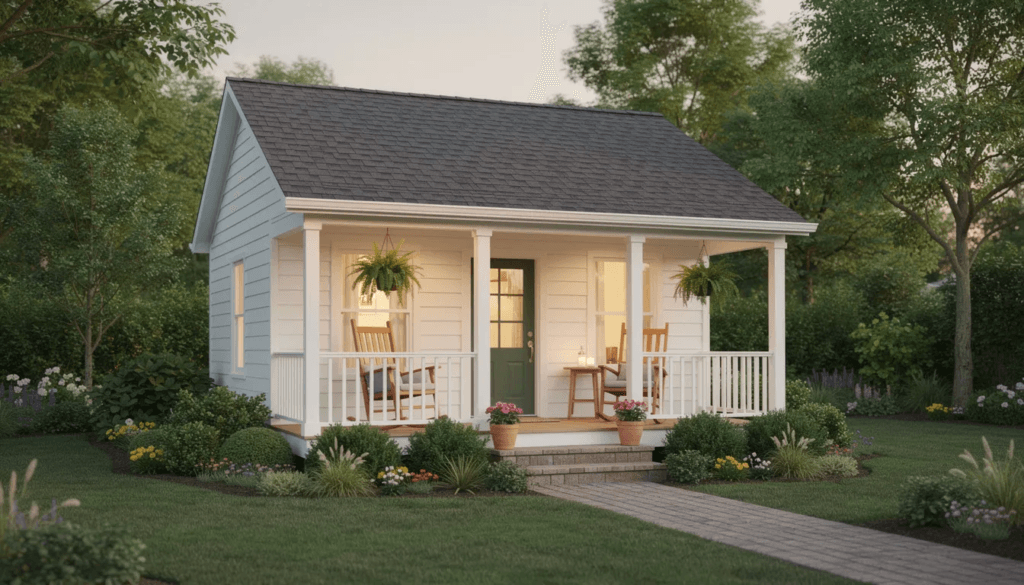The image depicts a charming small cottage with a covered front porch surrounded by a beautifully landscaped backyard This cozy dwelling serves as an ideal accessory dwelling unit for elderly family members providing a comfortable living space that promotes multi generational living