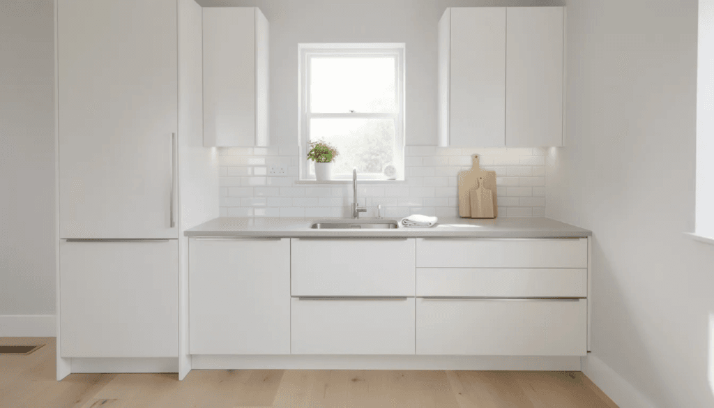 The image depicts a bright modern kitchenette featuring sleek white cabinets and a small window above the sink creating a cozy and functional cooking space This stylish kitchen area is perfect for multi generational living offering a compact layout that enhances the living space for elderly family members or guests