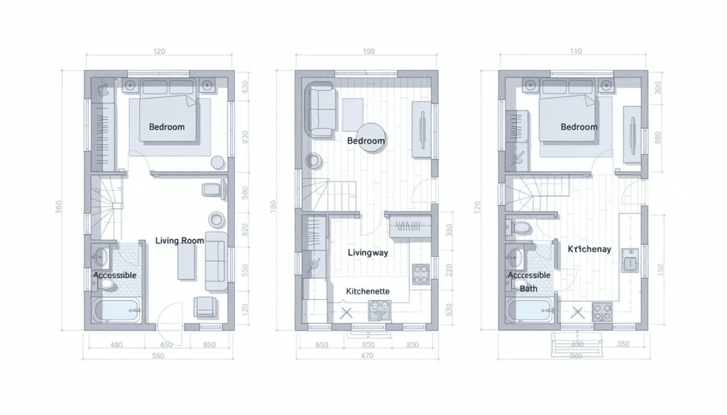 The image showcases various granny pod floor plans designed for multi generational living featuring a cozy living area a compact kitchen area and a bathroom These efficient layouts often include sliding doors and a walk in closet providing elderly family members with the comfort and independence they need while being close to loved ones in the main house