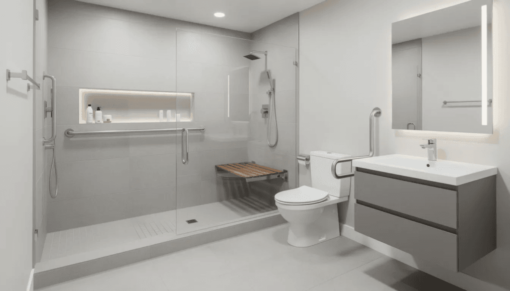The image depicts a modern accessible bathroom featuring a curbless shower and chrome grab bars designed for convenience and safety ideal for elderly family members This stylish and functional space is part of a granny flat layout promoting independent living for loved ones in a multi generational home
