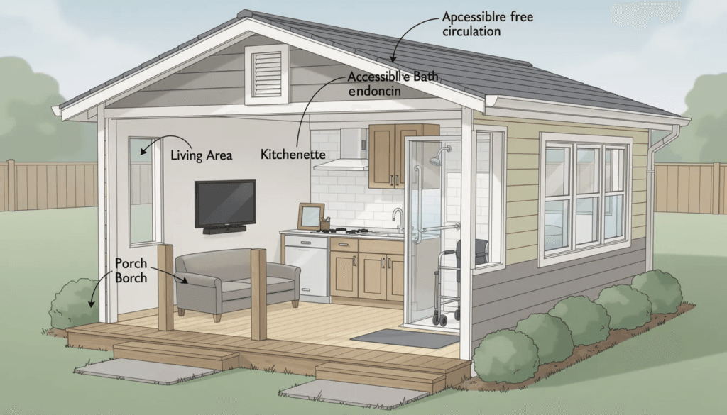 The image showcases a detailed floor plan for a granny pod designed for multi generational living featuring a cozy living area a bedroom and a kitchenette all within a compact layout This incredibly functional accessory dwelling unit includes a walk in closet a bathroom and sliding doors leading to a covered porch making it ideal for elderly family members to live independently while staying close to loved ones