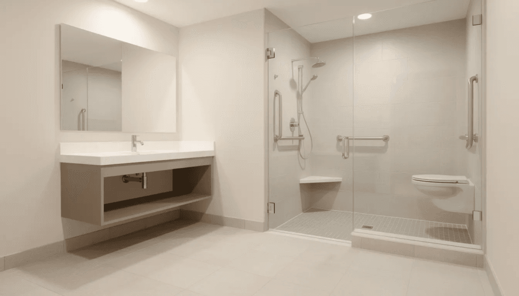 The image depicts an accessible bathroom designed for aging family members featuring a walk in shower with grab bars and bright neutral decor This space emphasizes safety and independence making it a perfect solution for granny pods or accessory dwelling units