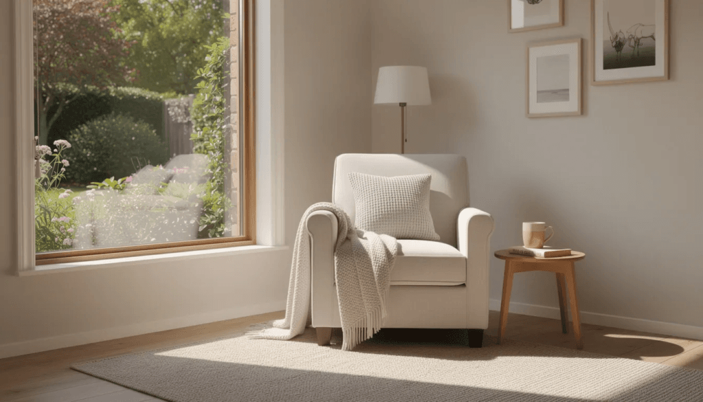 A cozy small living room features a comfortable armchair positioned by a window providing a lovely view of a garden outside This charming space perfect for aging family members embodies the idea of a granny pod offering a warm and inviting atmosphere for relaxation and connection