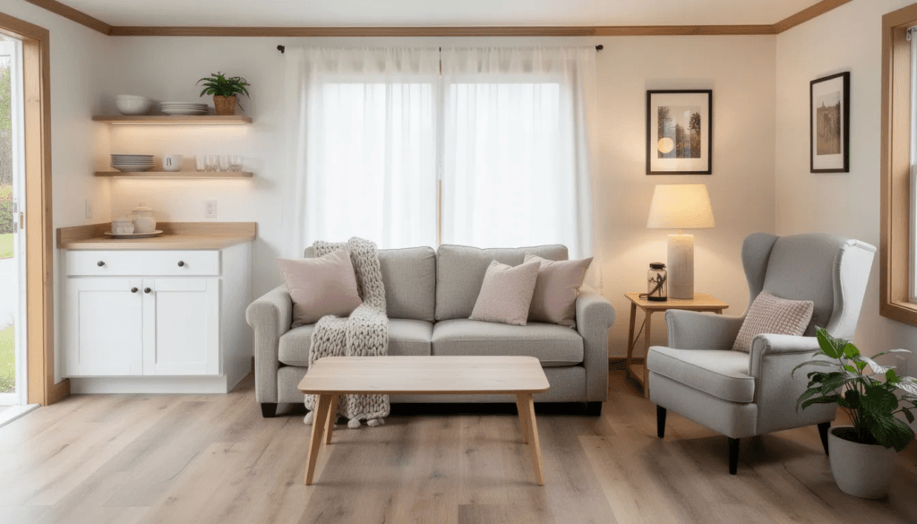 The image showcases a cozy granny pod interior designed to feel like home featuring warm wood tones soft textiles and comfortable upholstered furniture This inviting living space reminiscent of charming tiny homes is tailored for aging parents creating an atmosphere of comfort and independence