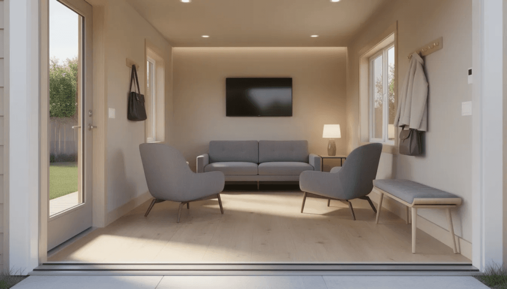 The image depicts the interior layout of a granny pod showcasing a welcoming entry area with a level threshold for easy accessibility and a cozy living and sitting area furnished with a loveseat armchairs and a wall mounted TV designed for comfort and movement This thoughtful arrangement exemplifies how tiny house floor plans maximize space while ensuring independence for aging family members