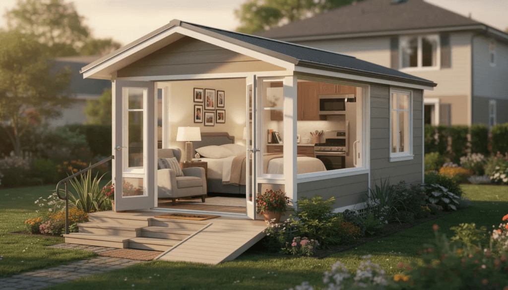 The image depicts a charming granny pod a tiny house designed as an accessory dwelling unit in a backyard featuring wide doorways and a cozy porch ideal for aging parents seeking independence while staying close to family This unique solution offers all the comforts of home including a full bathroom kitchenette and a bedroom providing a safe and accessible living space for loved ones