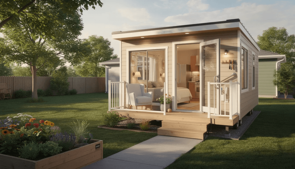 The image features a cozy Granny Pod designed as a modular home or accessory dwelling unit showcasing its compact layout and comfortable living space It is an ideal solution for families looking to provide care while adhering to local building codes and necessary permits making it a popular choice in New England