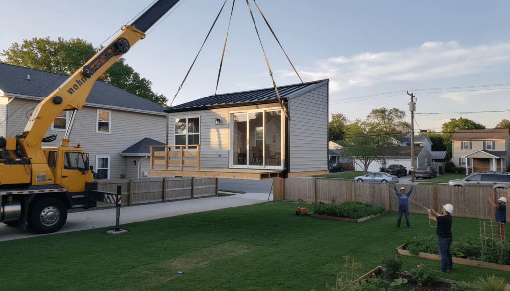 A small prefabricated cottage is being carefully placed in a suburban backyard by a crane showcasing the growing trend of tiny homes and accessory dwelling units This modular home exemplifies modern construction techniques while adhering to local building codes and necessary permits for a comfortable living space