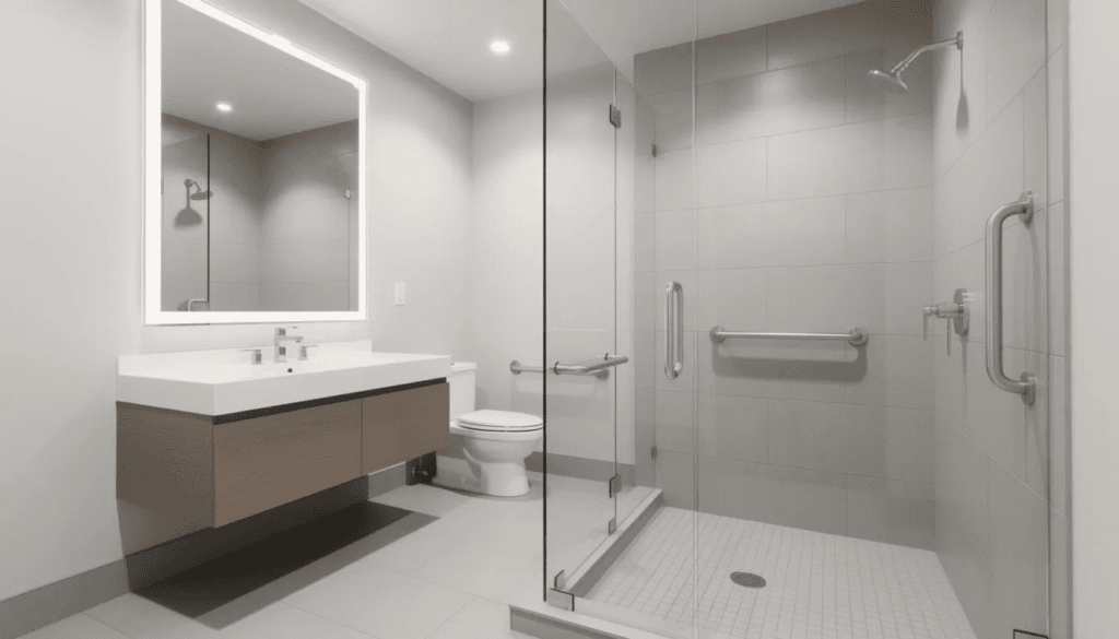 The image depicts a modern accessible bathroom featuring a spacious walk in shower equipped with grab bars for safety This design prioritizes comfort and accessibility making it suitable for various needs while adhering to local building codes and showcasing contemporary craftsmanship