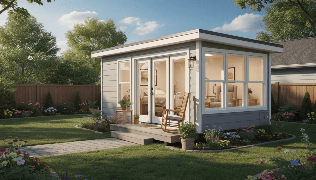 The image features a cozy Granny Pod designed as a modular home or accessory dwelling unit showcasing its compact layout and comfortable living space It is an ideal solution for families looking to provide care while adhering to local building codes and necessary permits making it a popular choice in New England