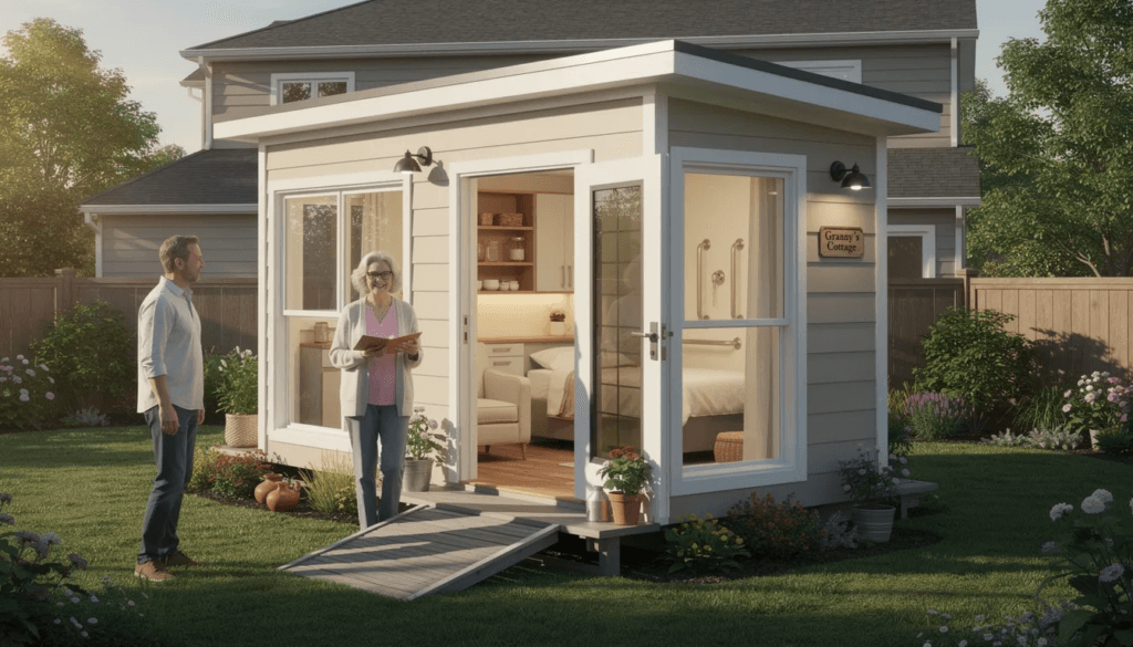 The image depicts a cozy granny pod a type of accessory dwelling unit designed for comfortable living This modular home features a well planned layout with essential amenities ideal for aging family members and is available for sale catering to customers in New England