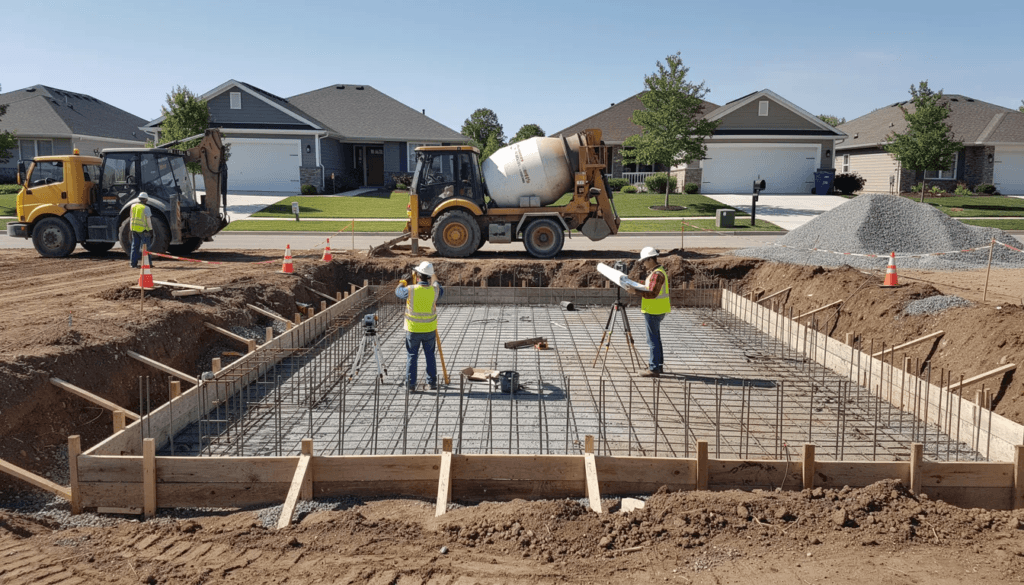 The image depicts a construction site where a foundation is being prepared for a residential property showcasing the process of building a new modular home Workers are busy ensuring the structural integrity of the foundation while adhering to local building codes and necessary permits