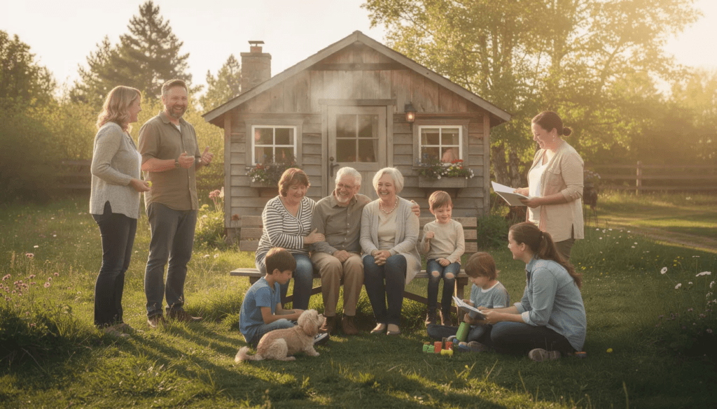 A multi generational family enjoys quality time together outdoors near a charming cottage surrounded by nature This scene reflects the warmth of family living reminiscent of the cozy atmosphere found in tiny homes or accessory dwelling units perfect for creating lasting memories