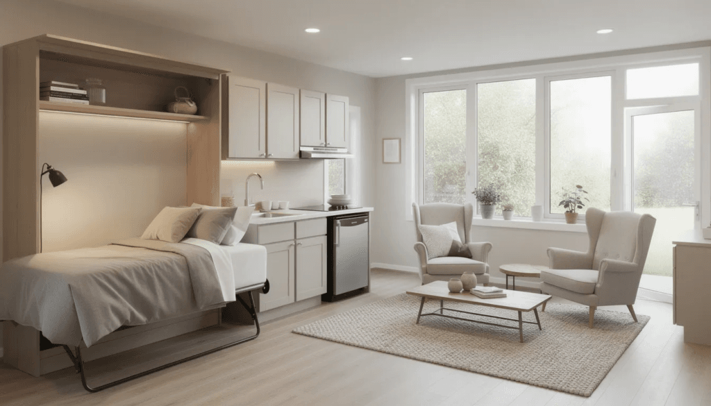 The image depicts the interior of a compact studio granny pod featuring a cozy murphy bed a small kitchenette and a sitting area with large windows that allow for plenty of natural light This charming living space is designed for multi generational living providing an ideal setup for aging parents or family members seeking independence while remaining close to the main house