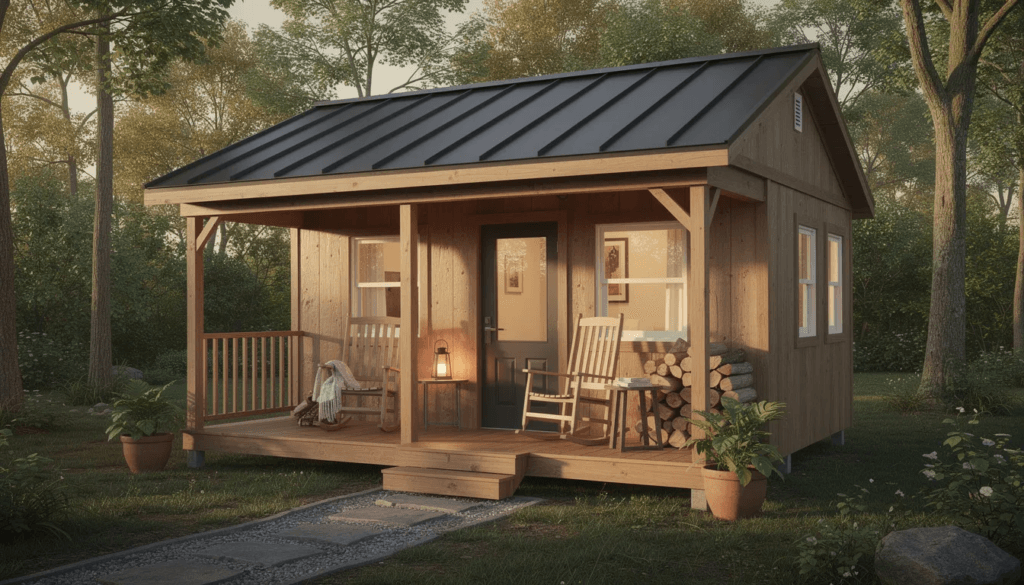 A charming rustic cabin style granny pod features wood siding and a metal roof complete with two rocking chairs on a cozy covered porch perfect for enjoying fresh air and natural light This multi generational living space offers an ideal solution for aging parents seeking independence while being close to family