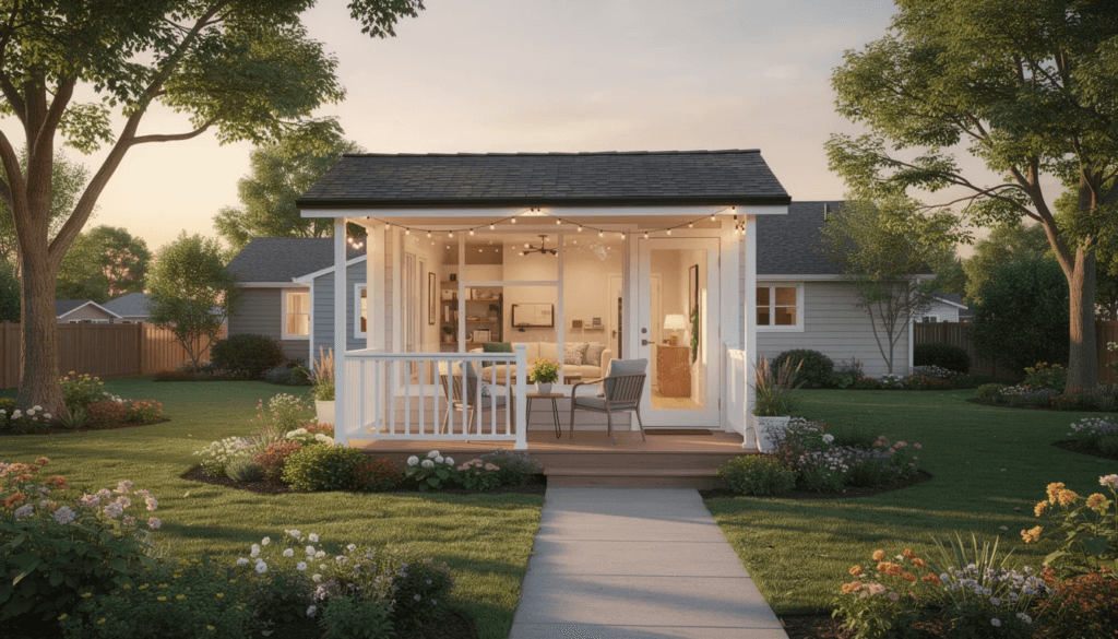 The image showcases a beautifully designed granny pod a type of accessory dwelling unit nestled in a serene backyard setting This tiny home offers a perfect solution for aging parents seeking independence while remaining close to family in a single family home