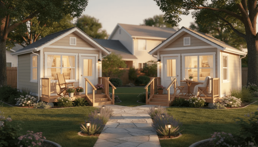 The image depicts a cozy granny pod nestled in a backyard showcasing a small charming accessory dwelling unit designed for aging parents This tiny home features wide doorways a comfortable bedroom and a welcoming living space emphasizing independence and care for elderly loved ones