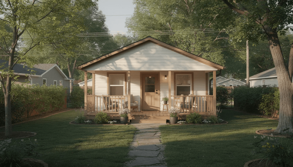 A small cozy backyard cottage with a covered porch is nestled among trees in a residential neighborhood offering a perfect accessory dwelling unit for aging parents This charming granny pod provides an independent living space while maintaining proximity to the primary residence for family support