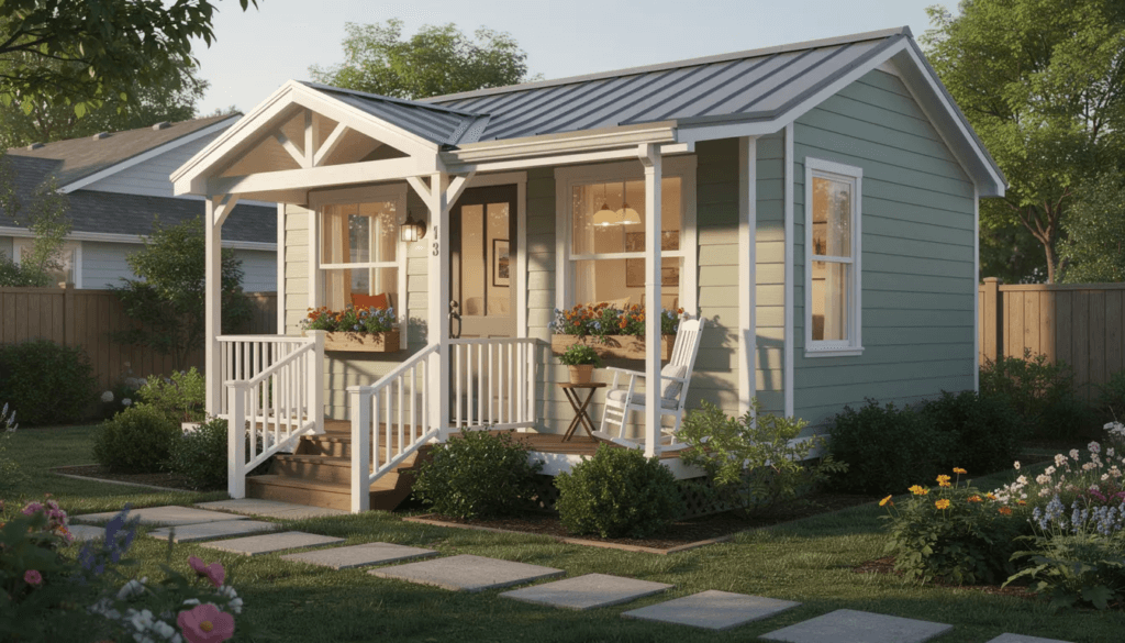 The image features a cozy granny pod an accessory dwelling unit designed for aging parents situated in a serene backyard setting This tiny home offers a private space for elderly loved ones promoting independence while being close to the primary residence