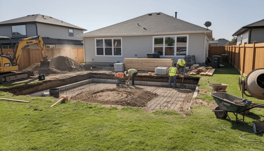 The image shows a construction site in a residential backyard where workers are preparing the foundation for an accessory dwelling unit often referred to as a granny pod Various construction equipment is visible indicating the beginning stages of creating a separate living space for aging parents or loved ones