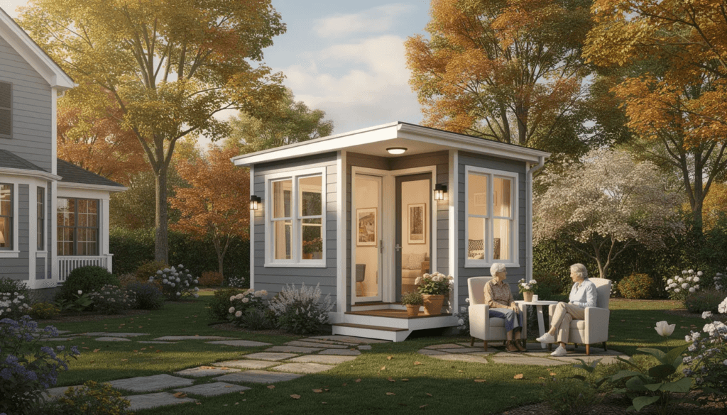 The image depicts a cozy granny pod an accessory dwelling unit designed for aging parents nestled in a backyard setting This tiny home features wide doorways and a welcoming entrance offering a private space for elderly loved ones while maintaining proximity to the primary residence