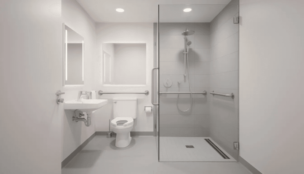 The image shows an accessible bathroom interior designed for elderly parents or aging loved ones featuring grab bars for safety a curbless shower for easy access and bright lighting that enhances visibility This space exemplifies the thoughtful design often found in granny pods or accessory dwelling units ensuring independence and comfort for its users