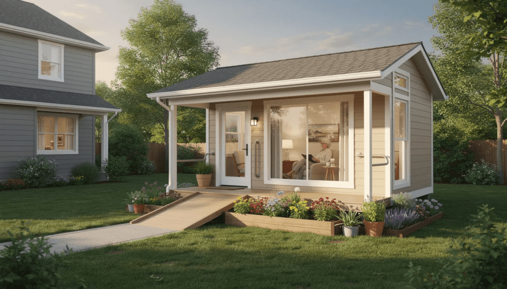 The image depicts a modern granny pod a compact and cozy accessory dwelling unit designed for elderly family members featuring smart home features and energy efficient windows This tiny house offers a comfortable living space on the same property as the main residence promoting multigenerational living while ensuring privacy and independence for aging parents