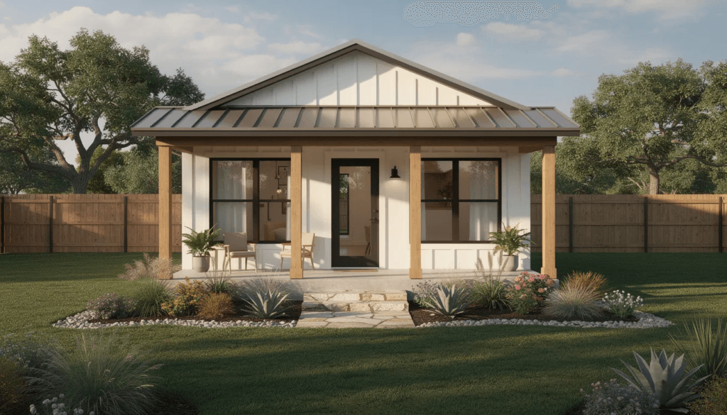 The image depicts a modern small cottage style building in a Texas backyard designed as a perfect granny pod for aging family members featuring a covered porch and well maintained landscaping This cozy accessory dwelling unit offers a comfortable living space for elderly parents promoting multigenerational living while maintaining their own space on the same property