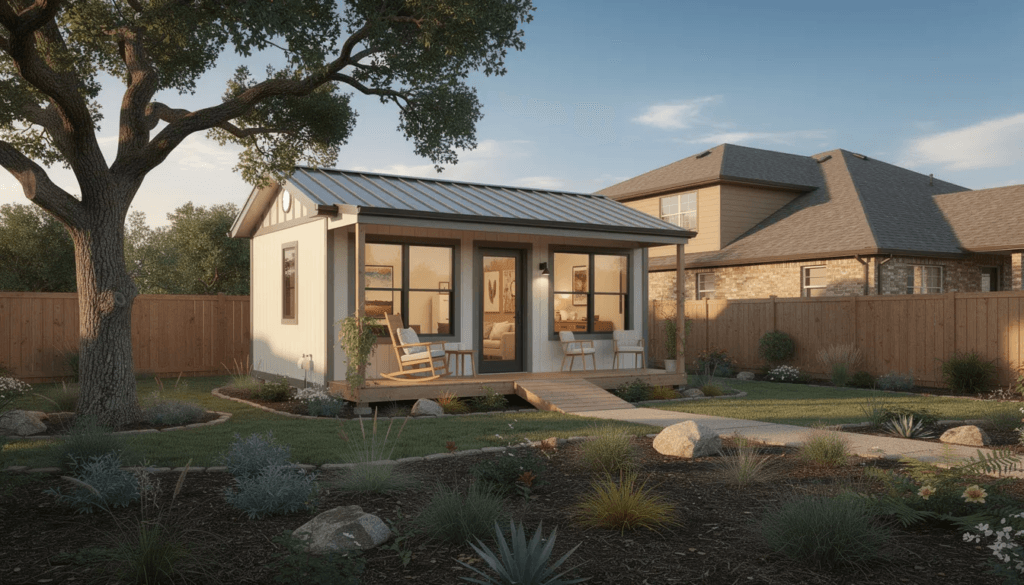 The image depicts a modern granny pod in Texas showcasing a cozy and compact living space designed for elderly family members This accessory dwelling unit features energy efficient windows and smart home features providing a comfortable and independent environment for aging relatives while being situated on the same property as their loved ones