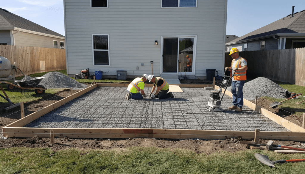 Construction workers are seen pouring concrete for a foundation pad in a residential backyard which is part of the construction process for a granny pod This additional living space aims to provide elderly family members with their own living space promoting multigenerational living on the same property