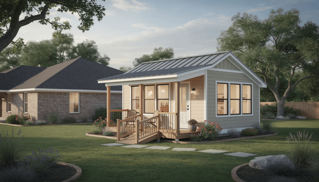 The image depicts a modern granny pod situated in a Texas backyard showcasing a cozy and comfortable living space designed for elderly family members This tiny house features energy efficient windows and smart home features providing a perfect balance between independence and family support for aging loved ones