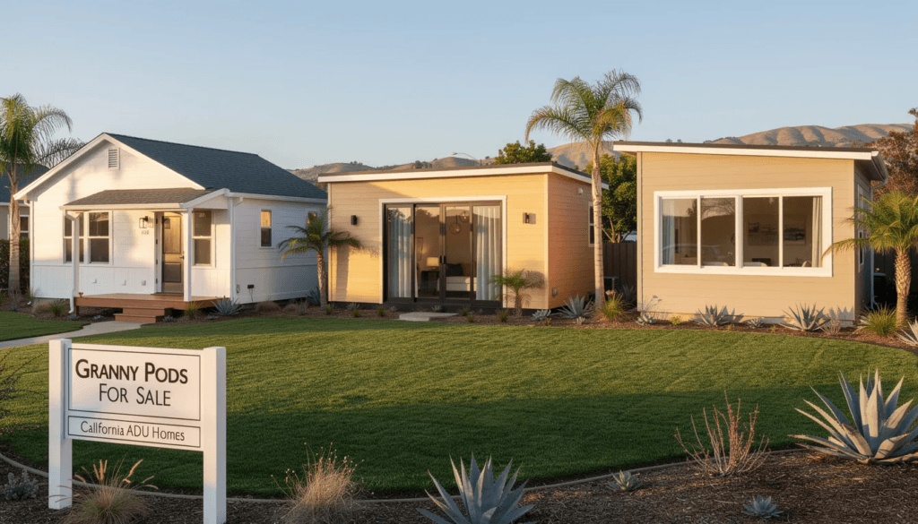 The image showcases a variety of granny pods for sale in California highlighting tiny house models specifically designed for multigenerational living Each pod features outdoor spaces and is equipped with essential utilities offering a perfect home for loved ones while providing them with their own space