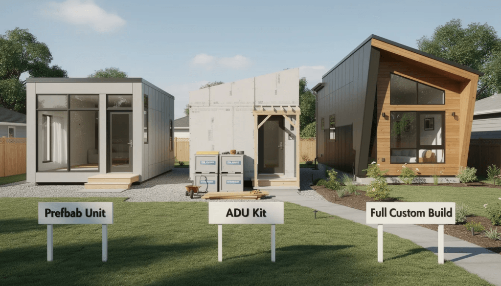 The image showcases a variety of prefab units including tiny houses and accessory dwelling units ADUs designed for multigenerational living and available for sale in California Each model features unique layouts and outdoor spaces emphasizing quality and affordability for families looking to create their perfect home